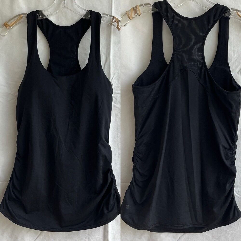 Via Mia Racer back tan top, black, padded bra, Size M/L??(measurements), sports